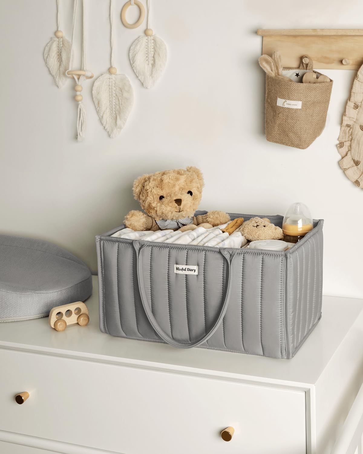 Blissful Diary Baby Diaper Caddy Organizer, Stylish Nursery Storage Basket - Gift for Baby Shower, Baby Registry Must Have, Newborn Essentials - Baby Caddy Organizer for Diaper Station - Sage Green