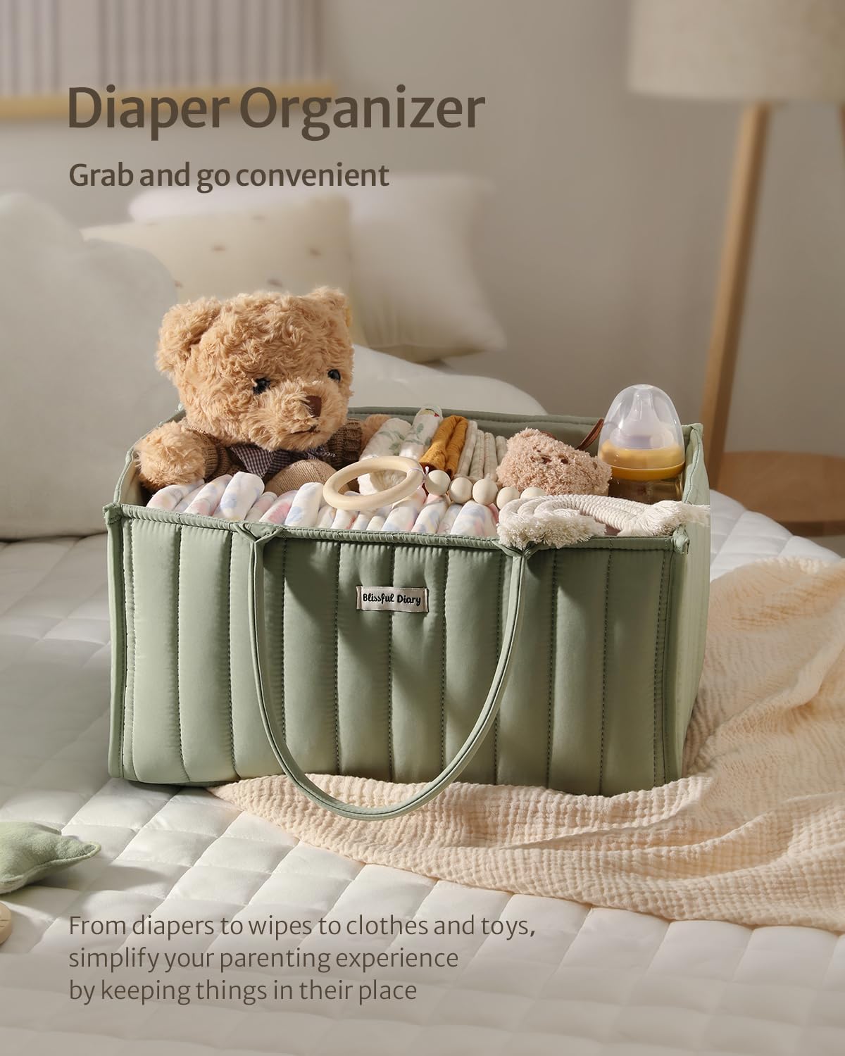 Blissful Diary Baby Diaper Caddy Organizer, Stylish Nursery Storage Basket - Gift for Baby Shower, Baby Registry Must Have, Newborn Essentials - Baby Caddy Organizer for Diaper Station - Sage Green