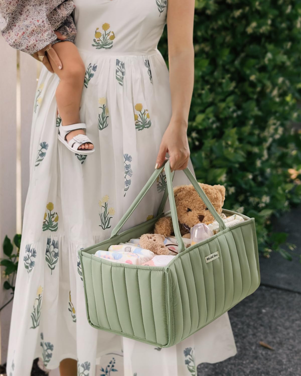 Blissful Diary Baby Diaper Caddy Organizer, Stylish Nursery Storage Basket - Gift for Baby Shower, Baby Registry Must Have, Newborn Essentials - Baby Caddy Organizer for Diaper Station - Sage Green