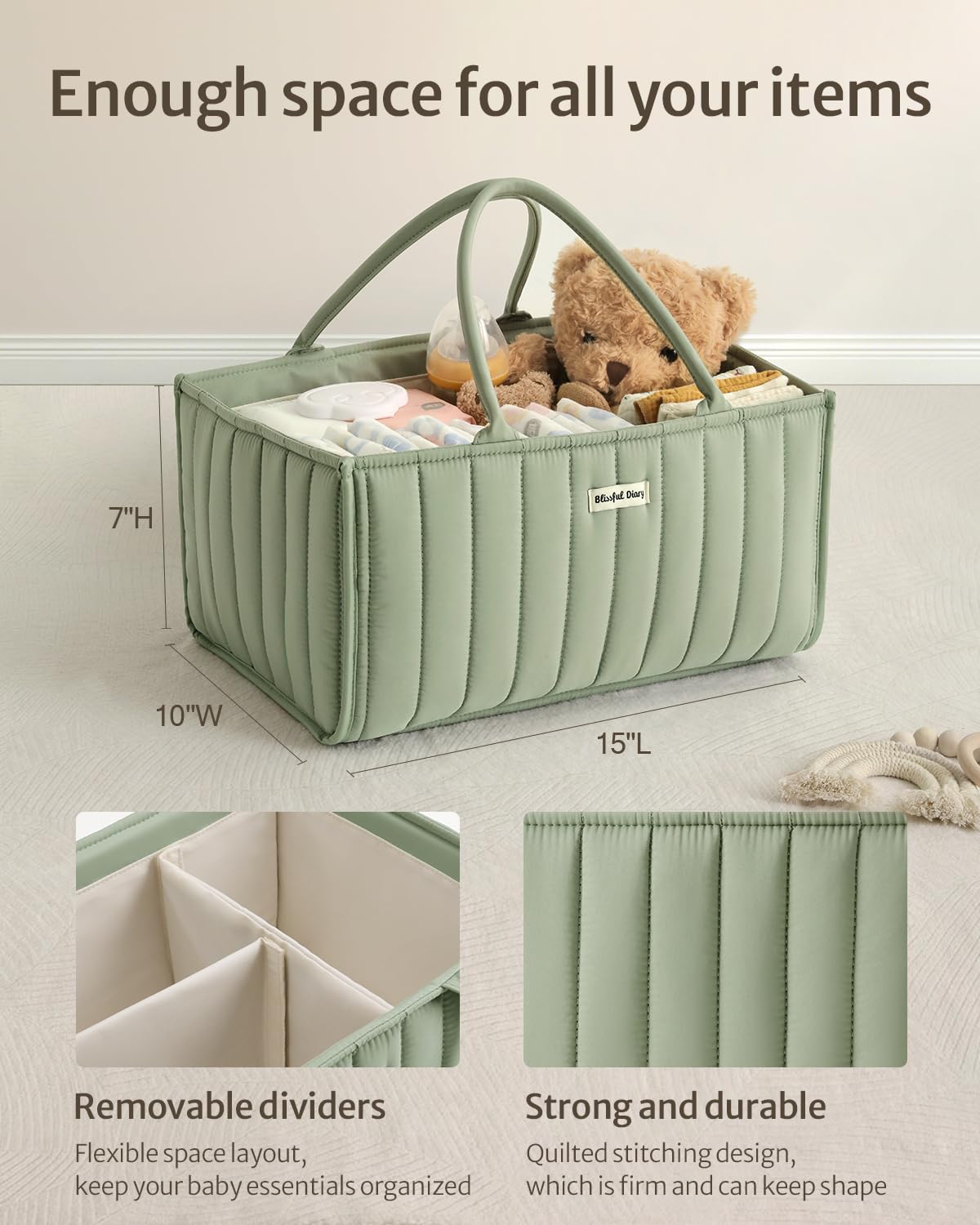 Blissful Diary Baby Diaper Caddy Organizer, Stylish Nursery Storage Basket - Gift for Baby Shower, Baby Registry Must Have, Newborn Essentials - Baby Caddy Organizer for Diaper Station - Sage Green