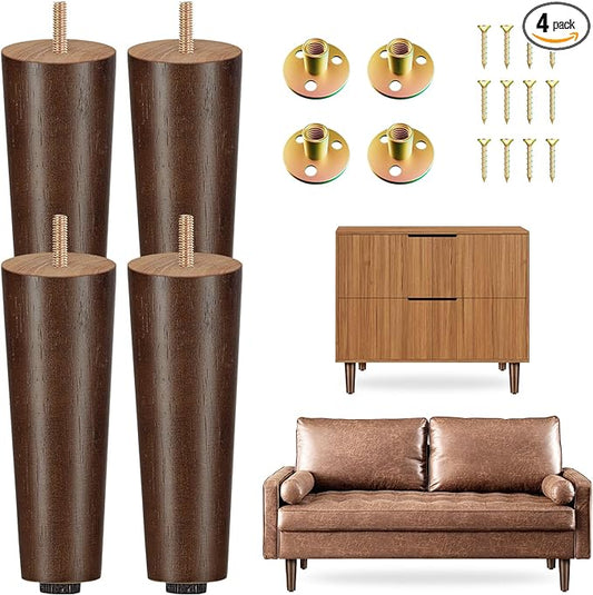 Round Wood Furniture Legs Set of 4 - Wooden Replacement Feet